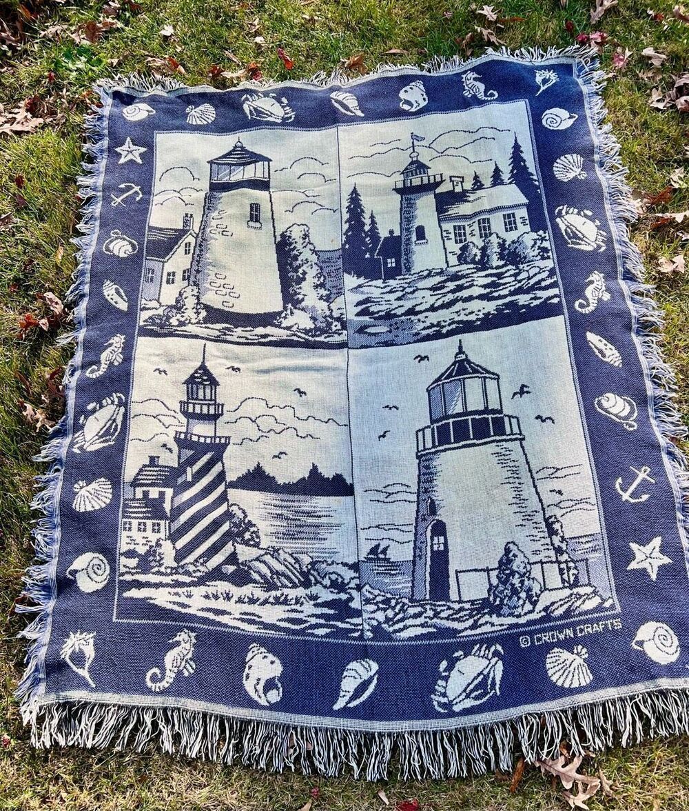 VINTAGE Crown Crafts Blanket Home Decor Lighthouse Nautical Throw Tapestry Sea